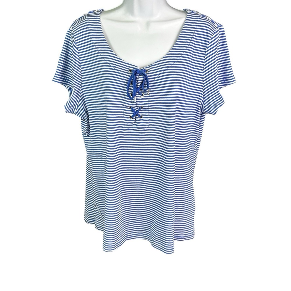 Chaps Women's XL Striped Scoop Neck Tie Front Cap Sleeve Stretch‎ Top